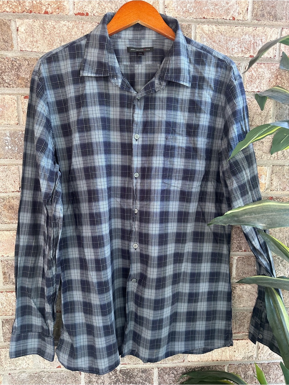 Mens John Varvatos Soft, Blue Plaid Button-Down Long sleeve Shirt XXL